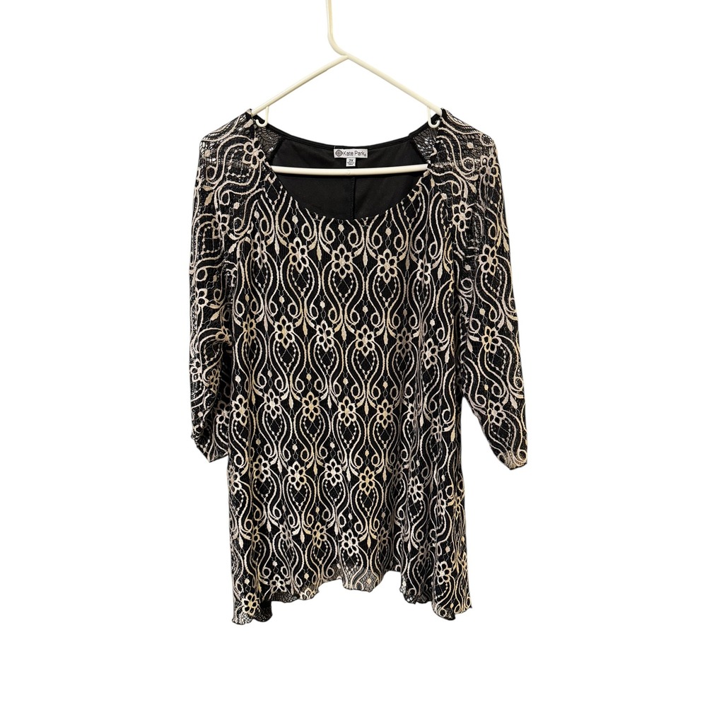 Kate Park Size 2X Black Beige Lace Blouse 3/4 Sleeve Scoop Neck Lined Top